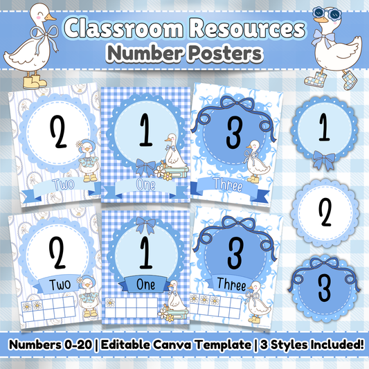 Main product image for Silly Goose Number Posters showing three styles of numbers 0–20 with blue gingham, scalloped, and bow-themed designs for classroom or playroom decor.