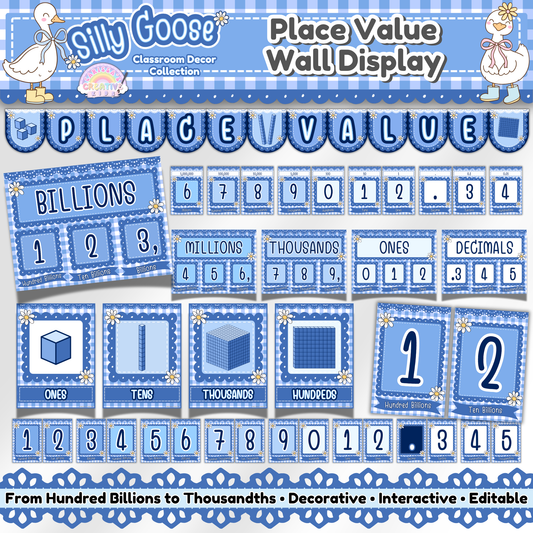 Main preview of the Silly Goose Place Value Wall Display in pastel blue gingham theme. Includes place value banner, number cards from hundred billions to thousandths, base-10 block posters, and full wall chart. Ideal classroom decor for elementary math teachers and back-to-school setup.