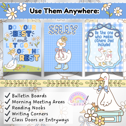 Three printable classroom posters with silly goose designs and affirmations like “Do Your Best,” “Silly,” and “Be the One Who Makes Others Feel Included,” shown with suggested uses for bulletin boards, reading nooks, morning meetings, and classroom entryways.