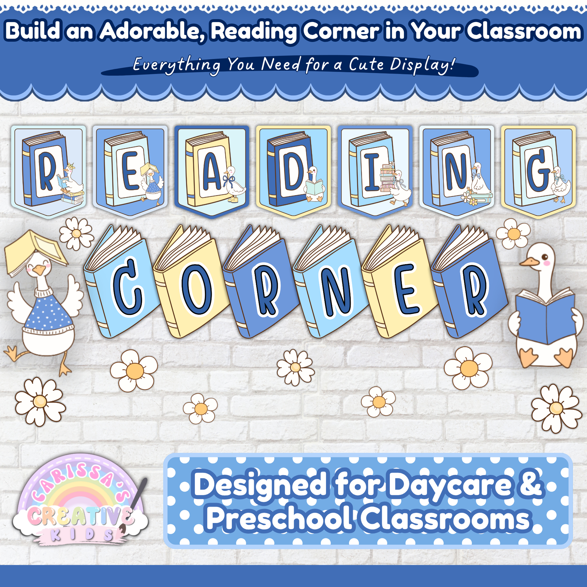 Silly Goose Reading Corner printable classroom decor display with pastel book banner letters, goose accents, daisies, and daycare preschool classroom reading area decor.