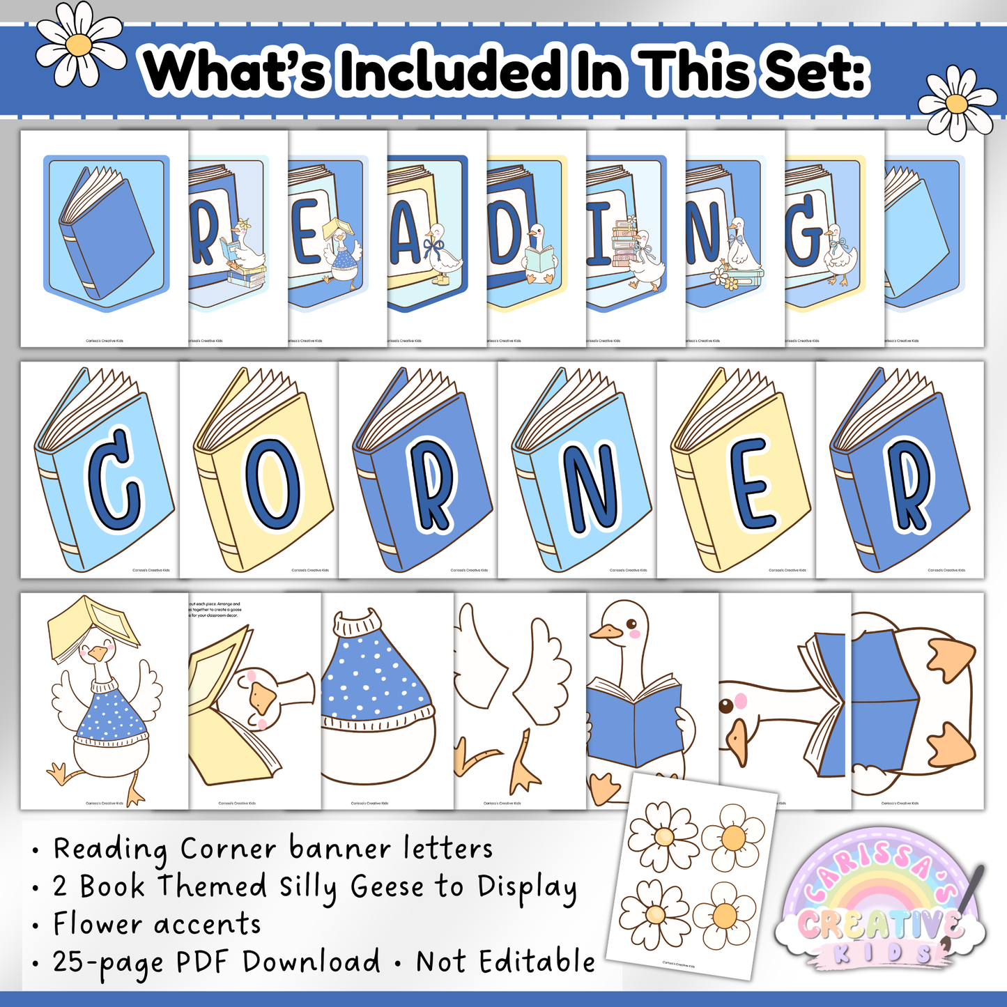 What’s included in Silly Goose Reading Corner printable classroom decor, featuring banner letters, book-themed goose displays, flower accents, and a 25-page PDF.