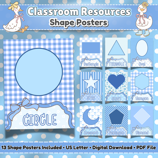 Main display image for Silly Goose Shape Posters—includes a large preview of the circle shape poster on blue gingham along with thumbnails of all 13 shapes like triangle, heart, star, and diamond. Designed as playful classroom decor for preschool, daycare, or kindergarten.