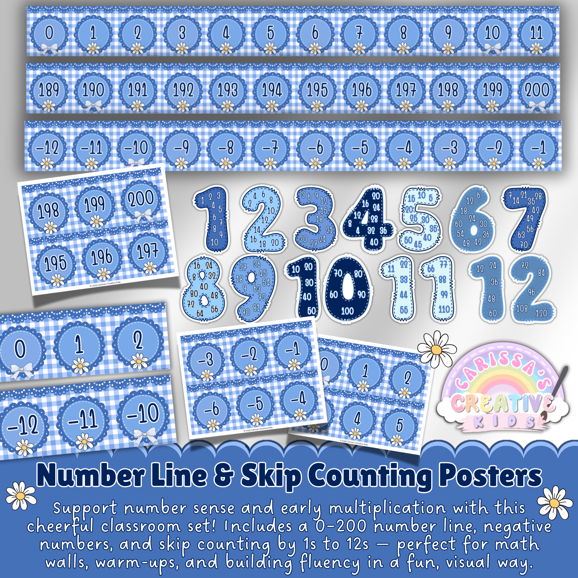 Skip counting and number line posters from -30 to 200 with cheerful numbers and gingham backgrounds for elementary math walls.