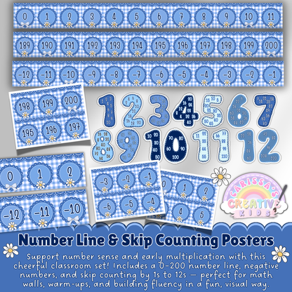 Skip counting and number line posters from -30 to 200 with cheerful numbers and gingham backgrounds for elementary math walls.