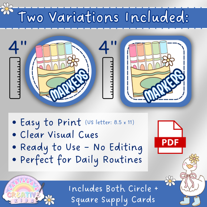 Side-by-side comparison of circular and square supply card designs from the Silly Goose Classroom Supply Display. Easy-to-print PDF includes both styles with no editing required, ideal for daily classroom routines.