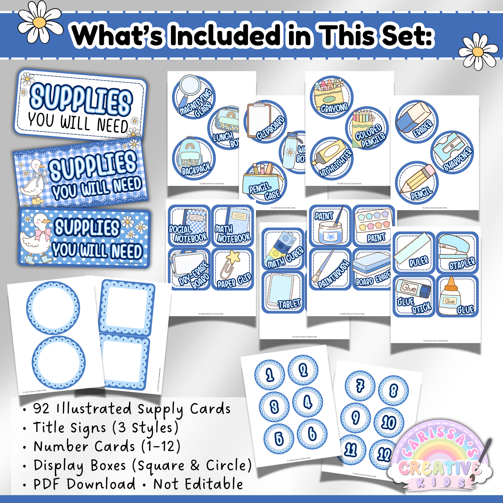 What’s included preview of the Silly Goose Supply Display PDF showing 92 school supply cards, title signs, number cards, and display boxes. Designed for classroom organization and visual routines. PDF is not editable.