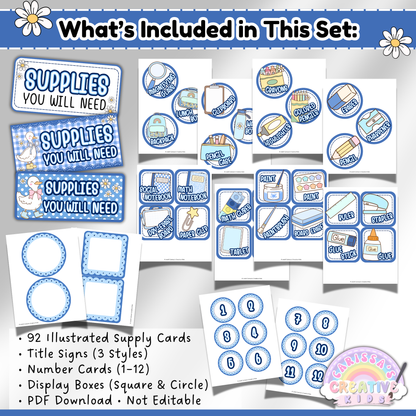 What’s included preview of the Silly Goose Supply Display PDF showing 92 school supply cards, title signs, number cards, and display boxes. Designed for classroom organization and visual routines. PDF is not editable.