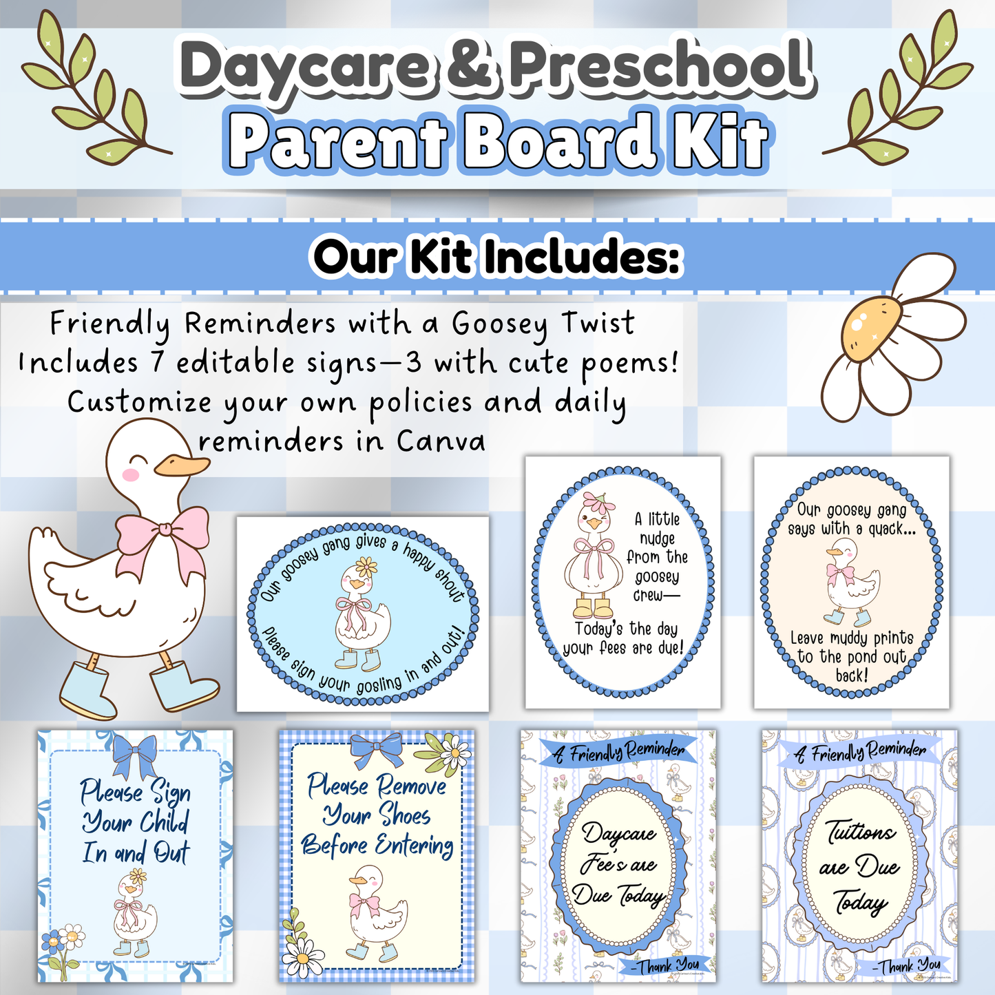 Seven editable reminder signs displayed, three featuring whimsical goose poems, designed with soft pastel colors and playful fonts.