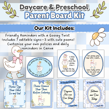 Seven editable reminder signs displayed, three featuring whimsical goose poems, designed with soft pastel colors and playful fonts.