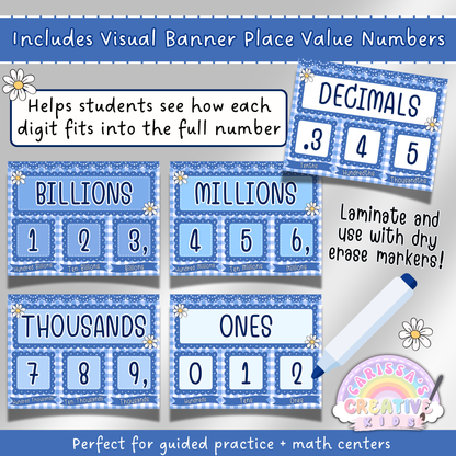 Visual place value cards with labeled digits from billions to thousandths. Designed for guided practice and math centers, featuring a blue gingham style with dry-erase friendly layout. Helps students see how digits fit into full numbers using visual number strips.