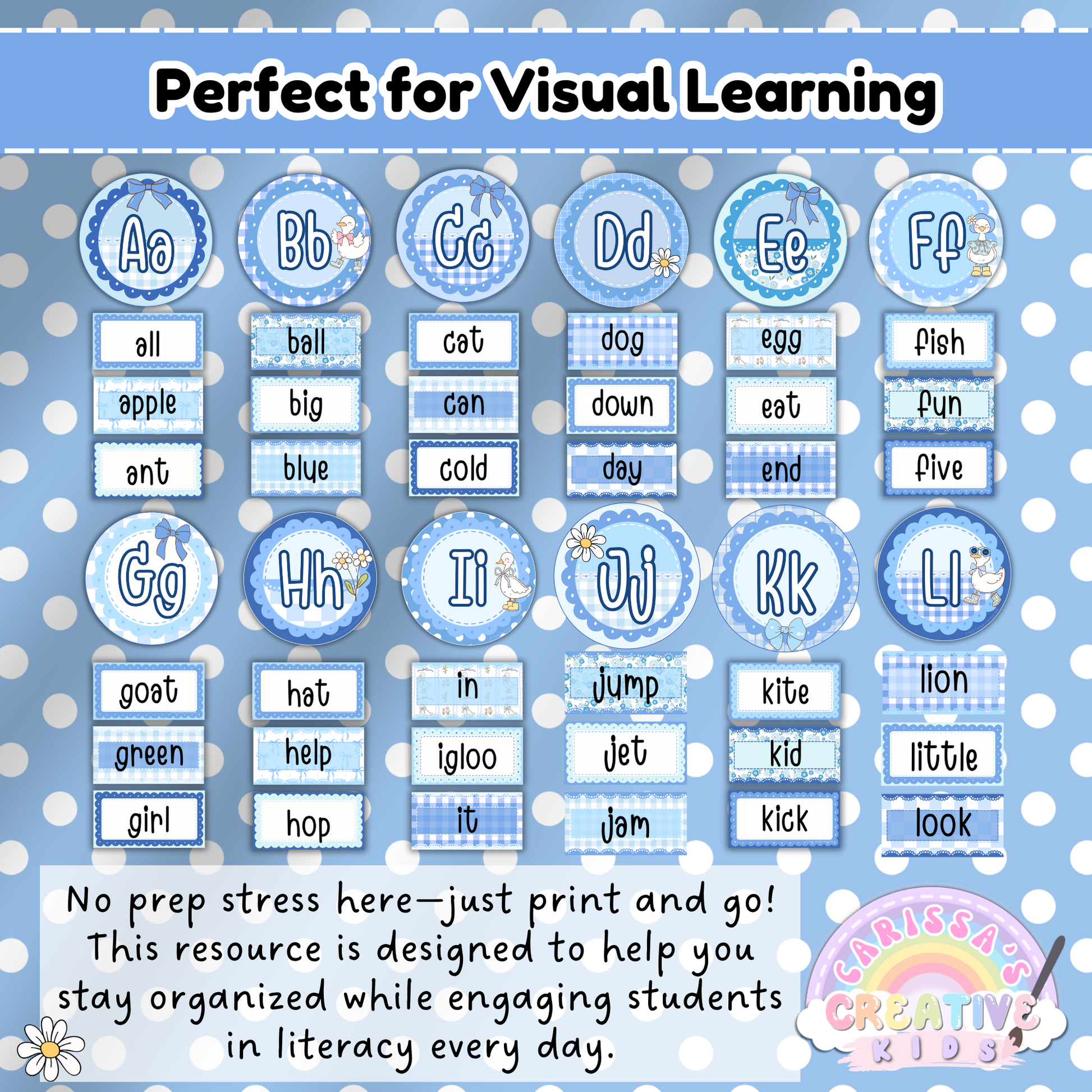 Editable word wall display with A to L alphabet headers and sample vocabulary cards in pastel blue gingham and polka dots, designed for early literacy and visual learning in the classroom.