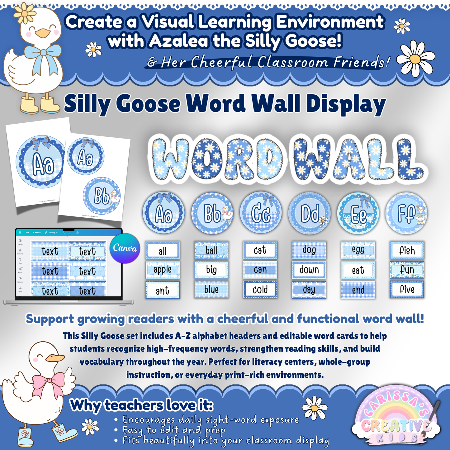 Alphabet word wall display in blue gingham theme with editable sight word cards for preschool, kindergarten, and elementary classrooms.