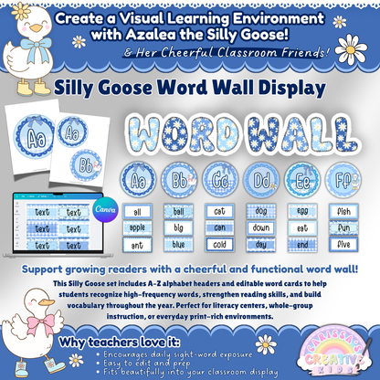 Alphabet word wall display in blue gingham theme with editable sight word cards for preschool, kindergarten, and elementary classrooms.