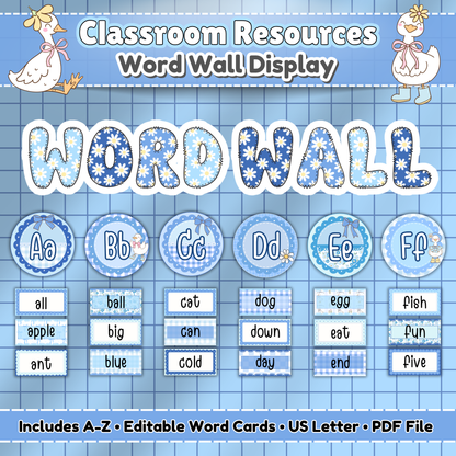 Editable silly goose word wall display featuring A to F classroom words in pastel blue retro theme—perfect for vintage classroom decor, playroom wall art, or back-to-school setups.