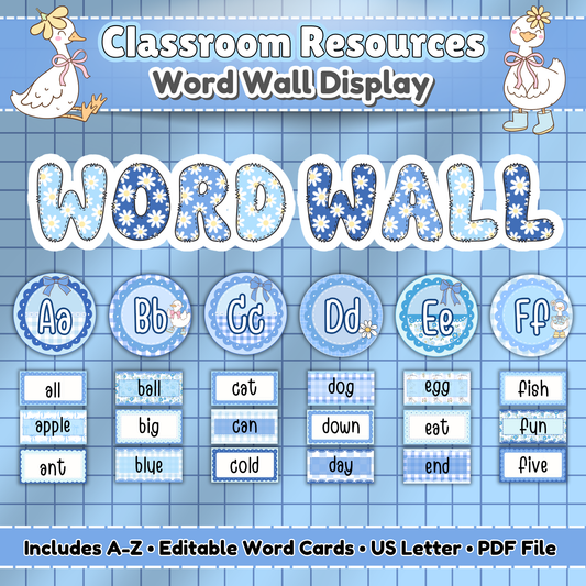 Editable silly goose word wall display featuring A to F classroom words in pastel blue retro theme—perfect for vintage classroom decor, playroom wall art, or back-to-school setups.