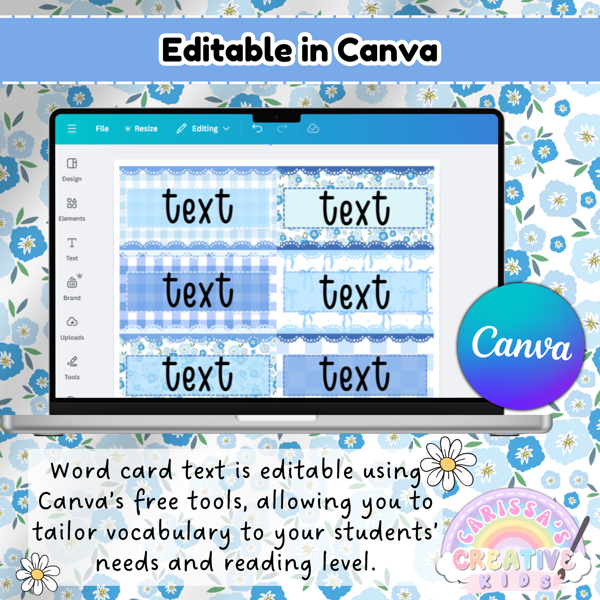 Editable word wall cards shown in Canva with blue floral and gingham designs, allowing teachers to customize vocabulary for classroom displays.