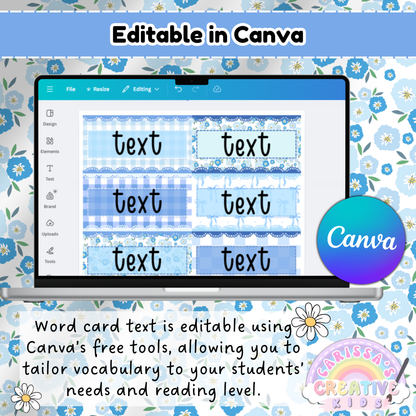 Editable word wall cards shown in Canva with blue floral and gingham designs, allowing teachers to customize vocabulary for classroom displays.