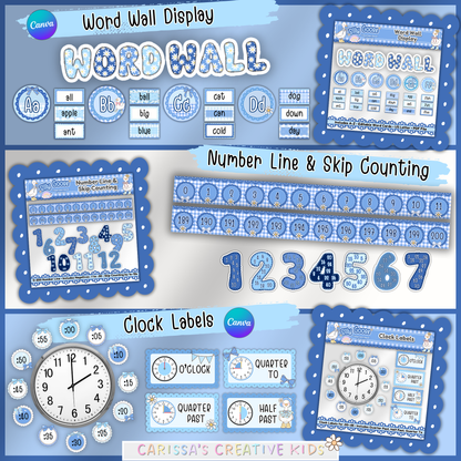 Silly Goose classroom decor bundle featuring a printable word wall display, number line and skip counting resources, and clock labels in blue gingham decor for preschool, kindergarten, and elementary classrooms.