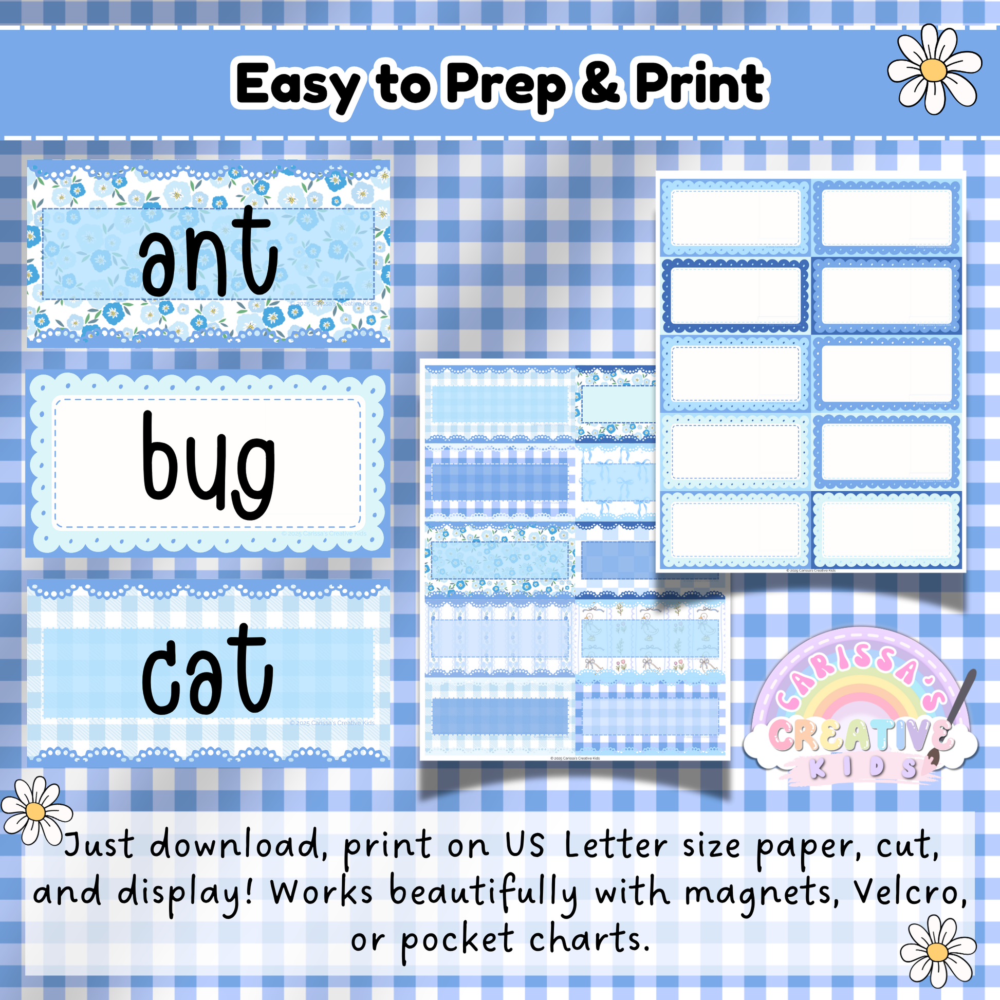 Editable word wall cards in blue gingham print with sample words like ant, bug, and cat—designed for easy printing and classroom display using magnets or pocket charts.