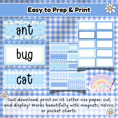Editable word wall cards in blue gingham print with sample words like ant, bug, and cat—designed for easy printing and classroom display using magnets or pocket charts.