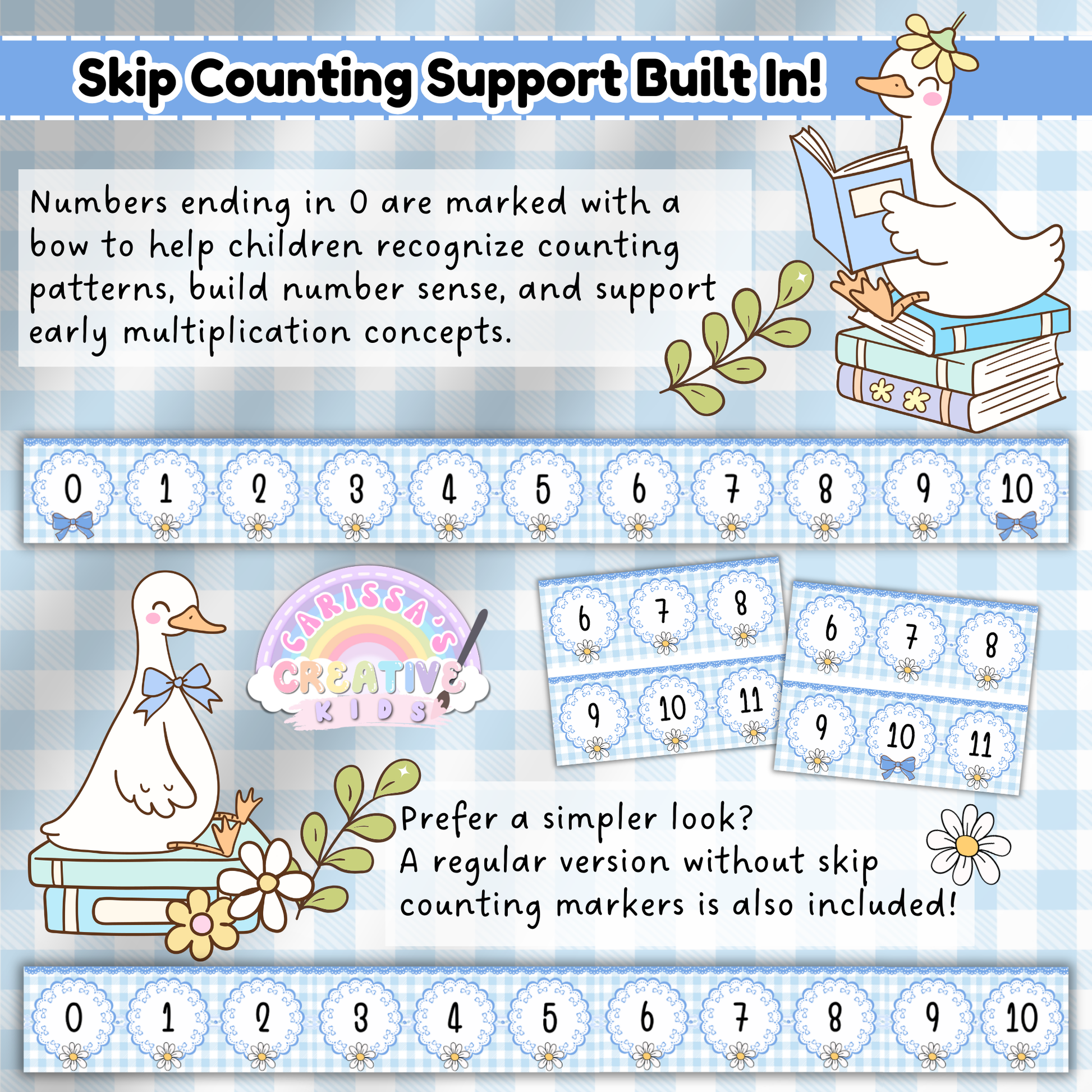 This image highlights the skip counting support built into the Silly Goose number line set. Numbers ending in zero are marked with blue bows to help young learners identify counting patterns, build number sense, and introduce early multiplication. Includes both a marked version and a clean, bow-free option for flexibility in preschool, kindergarten, and early elementary classrooms.