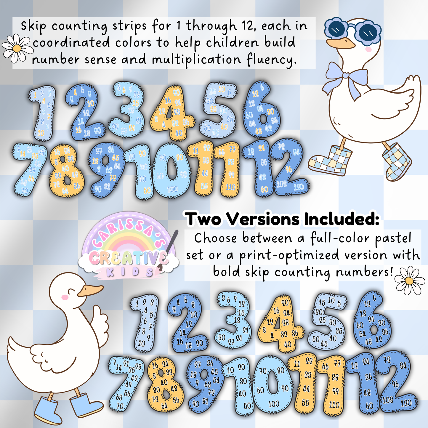This image showcases skip counting strips for numbers 1 through 12 in a playful Silly Goose theme, featuring two versions: a full-color pastel classroom display and a print-friendly version with bold number patterns. Designed to support multiplication fluency and number sense, the strips use coordinated colors and large numerals ideal for preschool and early elementary math walls.
