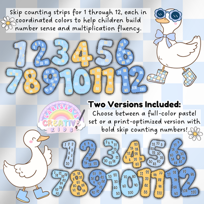 This image showcases skip counting strips for numbers 1 through 12 in a playful Silly Goose theme, featuring two versions: a full-color pastel classroom display and a print-friendly version with bold number patterns. Designed to support multiplication fluency and number sense, the strips use coordinated colors and large numerals ideal for preschool and early elementary math walls.