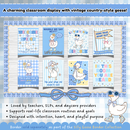 Speech therapy poster set displayed on a classroom bulletin board with a blue gingham border, featuring vintage-style silly goose illustrations and supportive messages for SLPs, teachers, and daycare providers in soft pastel tones.