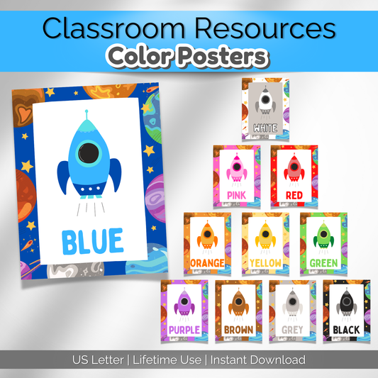Solar system classroom color posters featuring planets, stars, and rockets. Perfect for preschool and playroom decor.
