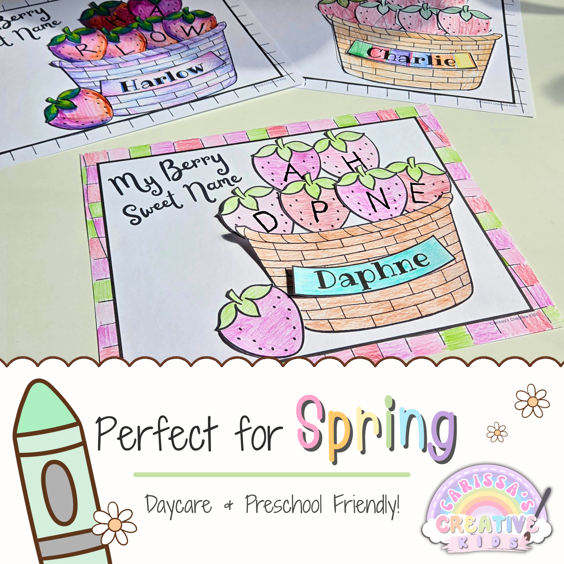 Spring preschool strawberry name craft with personalized basket activity, colorful finished samples, and daycare-friendly printable design.