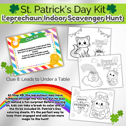 Three fun St. Patrick’s Day coloring sheets for kids to enjoy during the scavenger hunt. Great for classrooms or daycares.