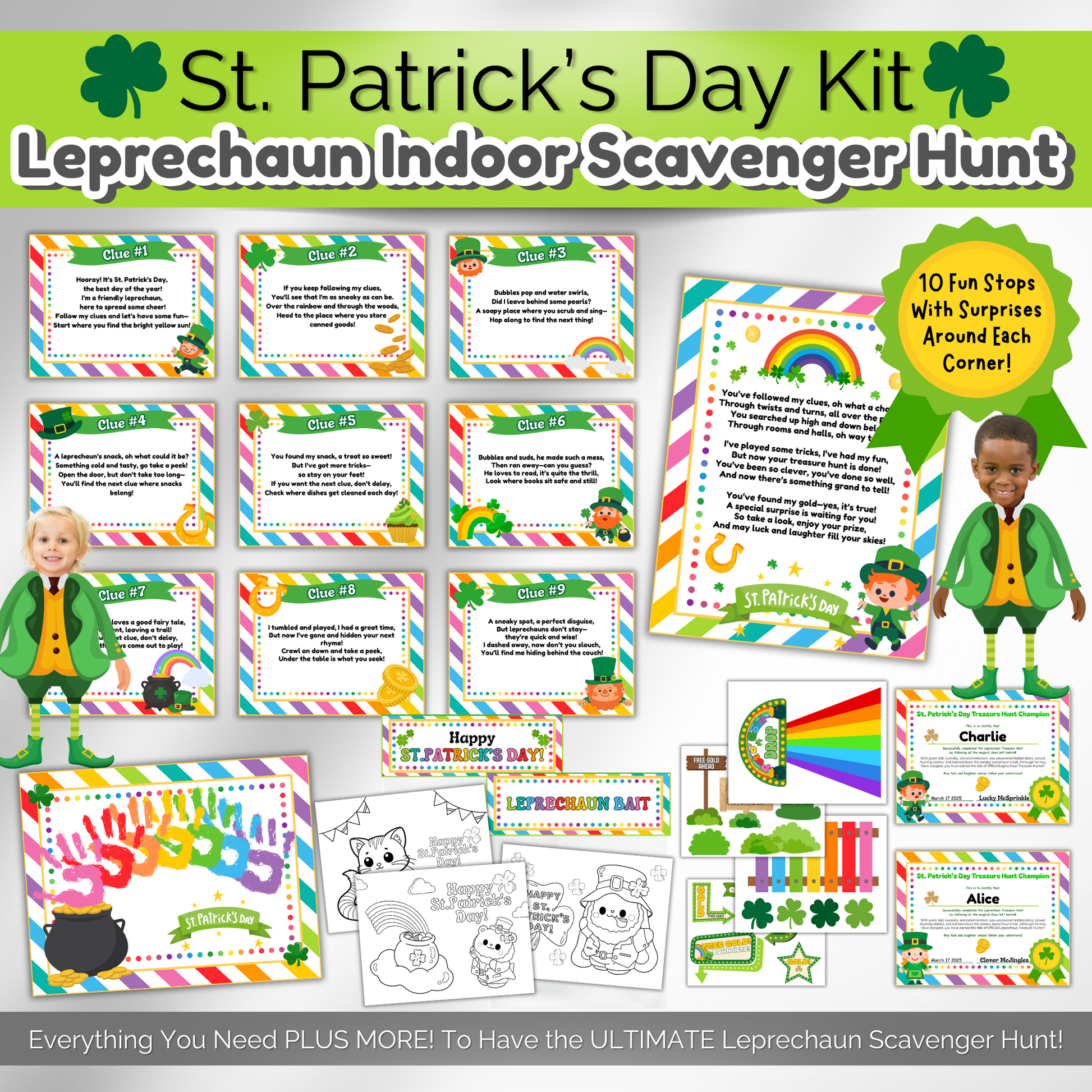 Printable St. Patrick's Day scavenger hunt for kids featuring 10 clues, fun activities, and surprise stops. Perfect for home or daycare.