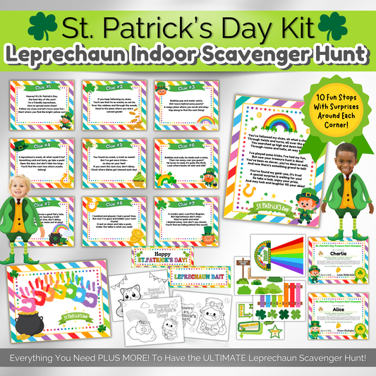 Printable St. Patrick's Day scavenger hunt for kids featuring 10 clues, fun activities, and surprise stops. Perfect for home or daycare.
