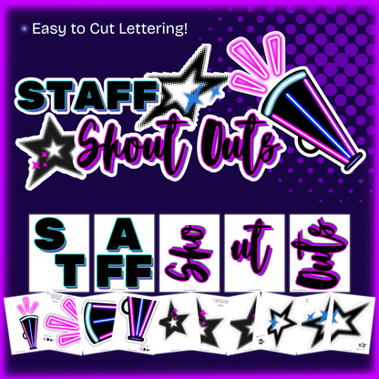 Easy to cut lettering for Staff Shout Out Bulletin Board Kit with neon retro stars, megaphone accents, staff appreciation title pieces, and printable classroom or office wall decor.