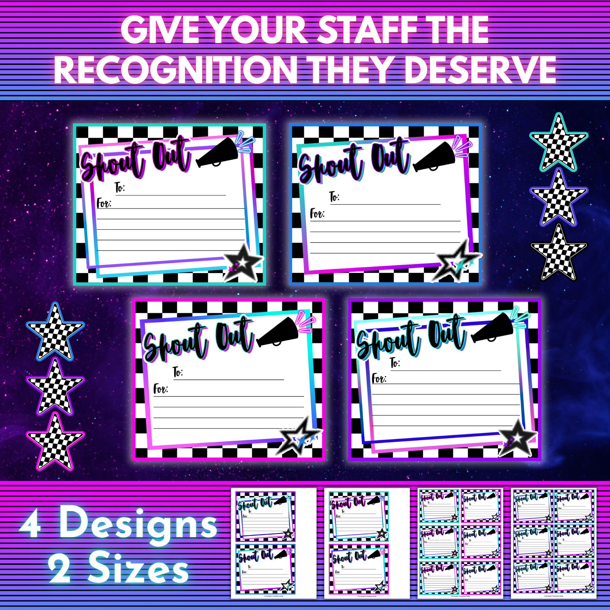 Staff Shout Out Bulletin Board Kit with 4 neon retro staff appreciation card designs in 2 sizes, perfect for teacher appreciation, office wall decor, classroom decor, daycare decor, and human resources displays.