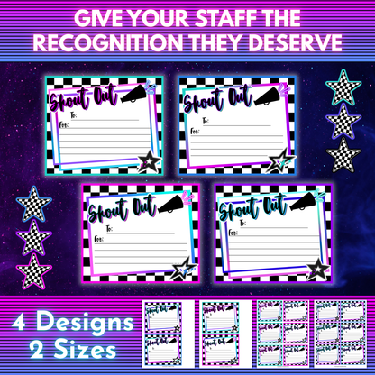 Staff Shout Out Bulletin Board Kit with 4 neon retro staff appreciation card designs in 2 sizes, perfect for teacher appreciation, office wall decor, classroom decor, daycare decor, and human resources displays.