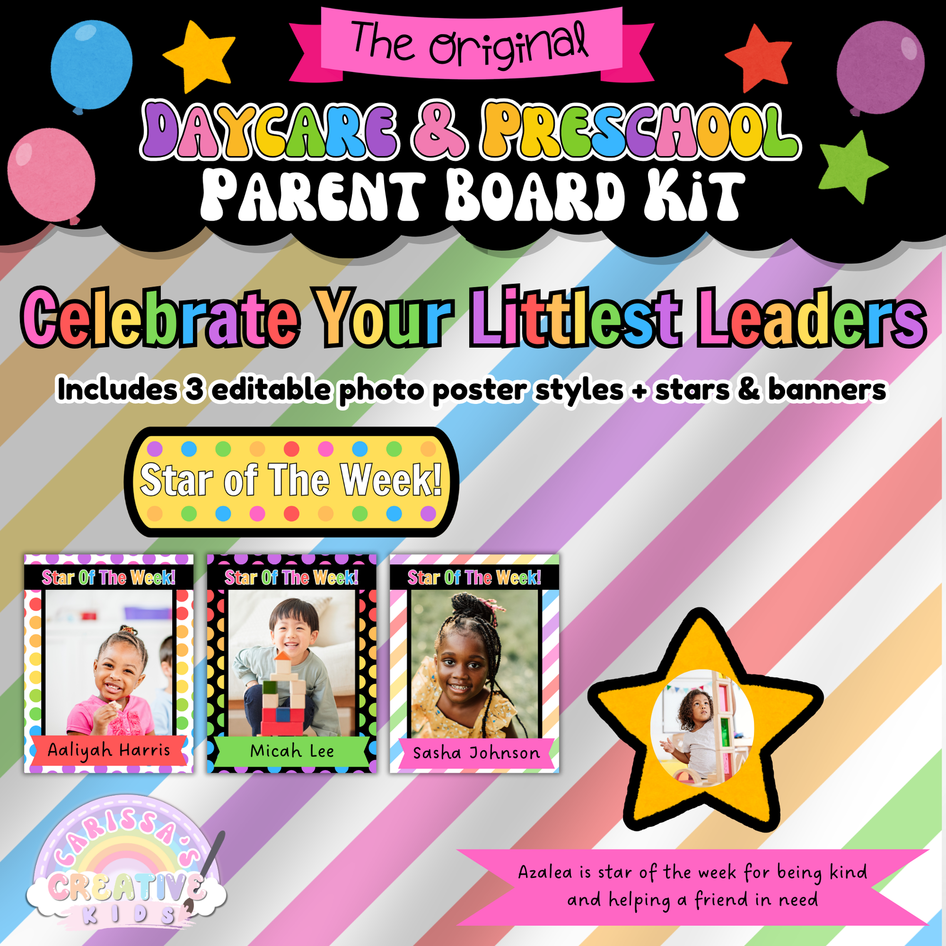 Three editable “Star of the Week” photo posters with bright design, plus matching stars and decorative banners. Celebrate each child in a meaningful way while encouraging positive behavior and classroom connection.