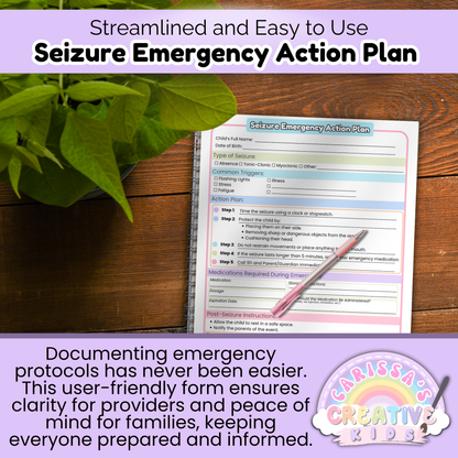 User-friendly seizure action plan form for childcare providers. Features symptom tracking, medication notes, and emergency instructions on a single easy-to-use page.