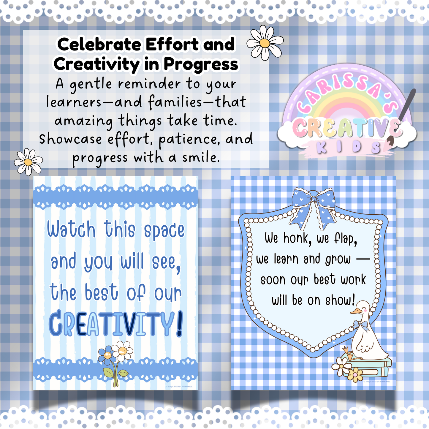 Celebrate Progress with Printable “Coming Soon” Posters – Silly Goose Blue Gingham Decor for Encouraging Effort and Creativity in the Classroom
