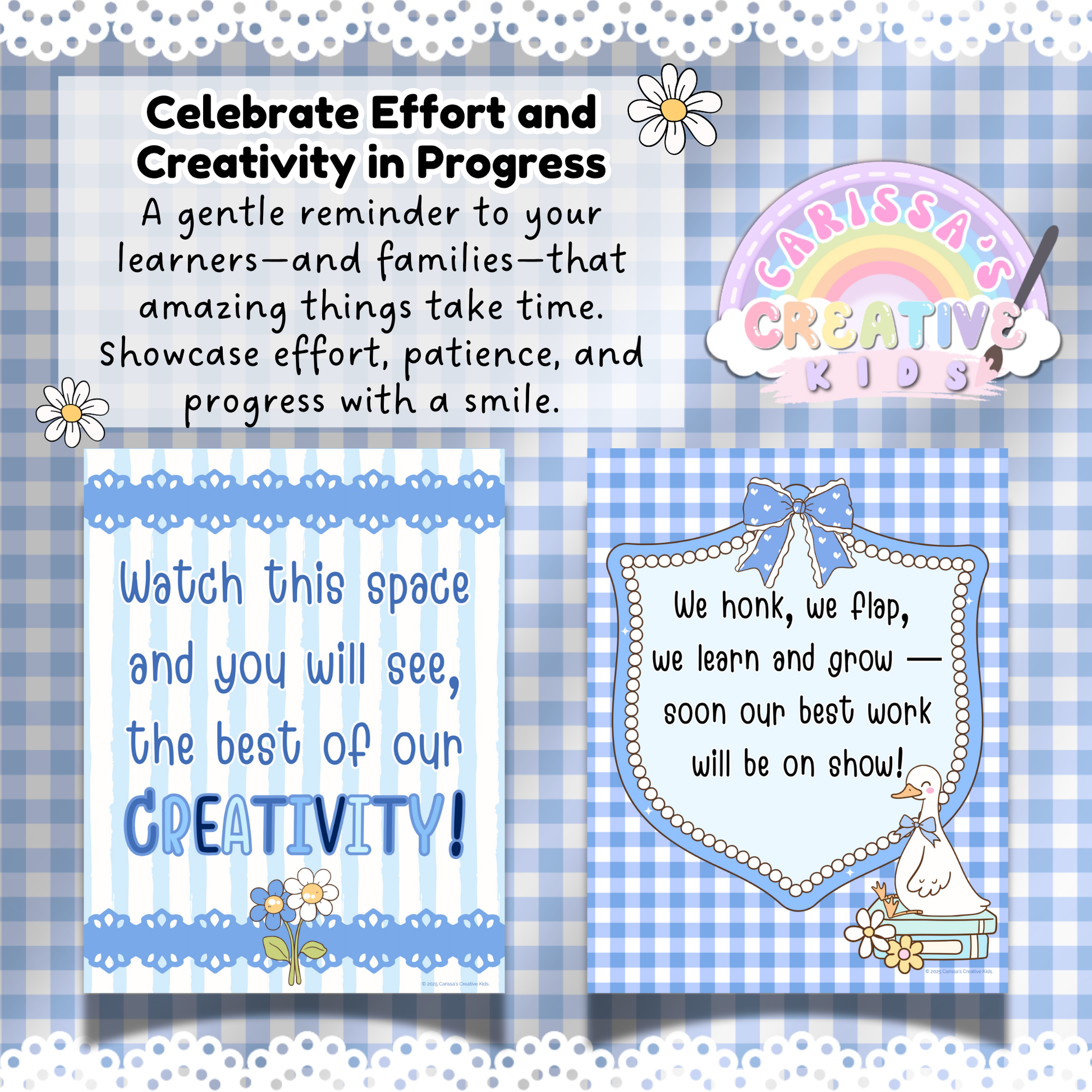Celebrate Progress with Printable “Coming Soon” Posters – Silly Goose Blue Gingham Decor for Encouraging Effort and Creativity in the Classroom