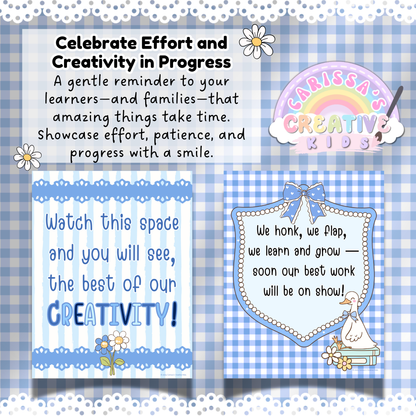 Celebrate Progress with Printable “Coming Soon” Posters – Silly Goose Blue Gingham Decor for Encouraging Effort and Creativity in the Classroom