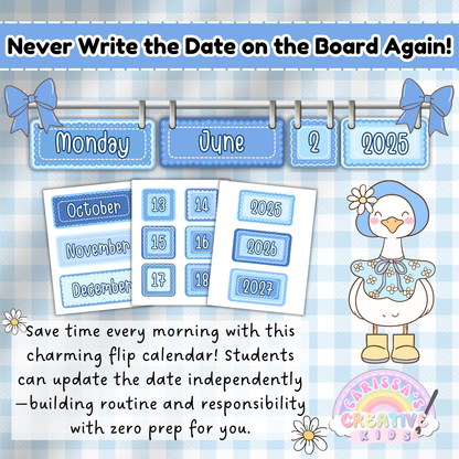 Teacher Flip Calendar for Classroom – Editable Printable Calendar for Students to Update the Date Independently in Blue Silly Goose Theme