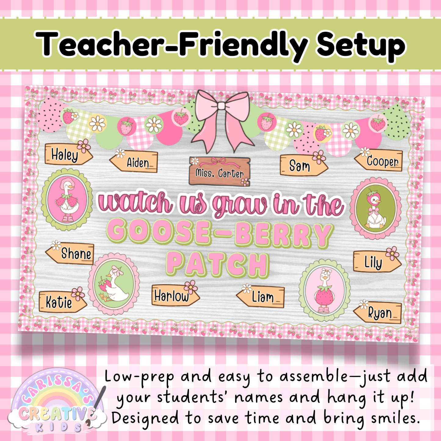 Low-prep Goose-Berry Patch bulletin board display for classrooms and daycares. Features editable student name tags on a pastel strawberry-themed board with “Watch Us Grow in the Goose-Berry Patch” title, designed for fast, teacher-friendly setup.