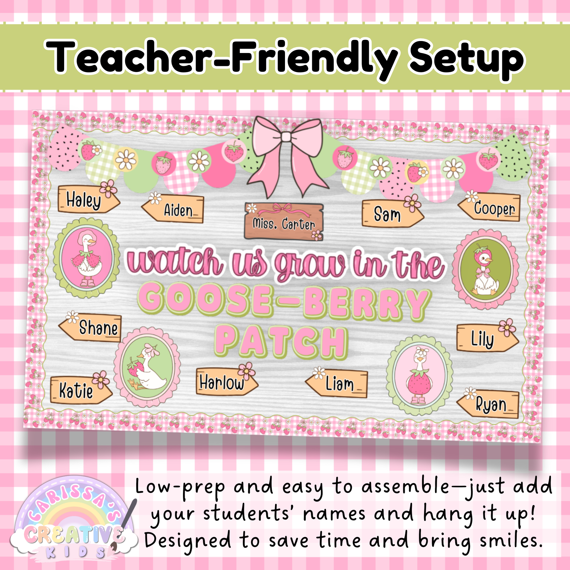 Low-prep Goose-Berry Patch bulletin board display for classrooms and daycares. Features editable student name tags on a pastel strawberry-themed board with “Watch Us Grow in the Goose-Berry Patch” title, designed for fast, teacher-friendly setup.