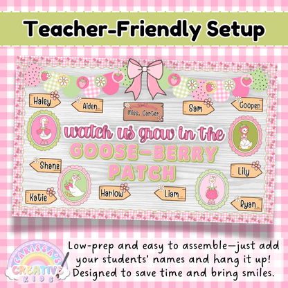 Low-prep Goose-Berry Patch bulletin board display for classrooms and daycares. Features editable student name tags on a pastel strawberry-themed board with “Watch Us Grow in the Goose-Berry Patch” title, designed for fast, teacher-friendly setup.
