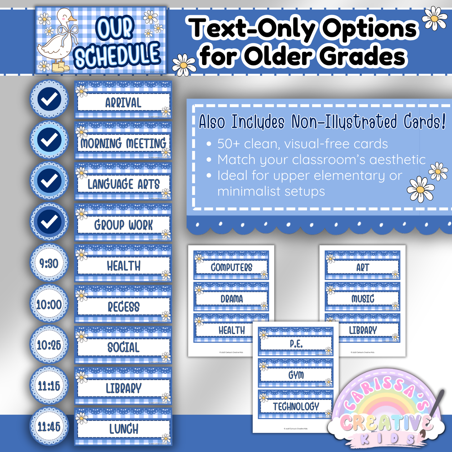 Text-only classroom schedule cards for upper elementary featuring over 50 non-illustrated options in a blue gingham Silly Goose theme, perfect for clean or minimalist classroom decor.