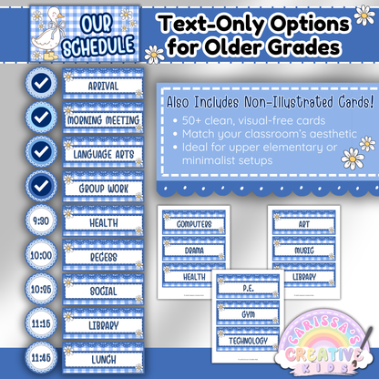 Text-only classroom schedule cards for upper elementary featuring over 50 non-illustrated options in a blue gingham Silly Goose theme, perfect for clean or minimalist classroom decor.