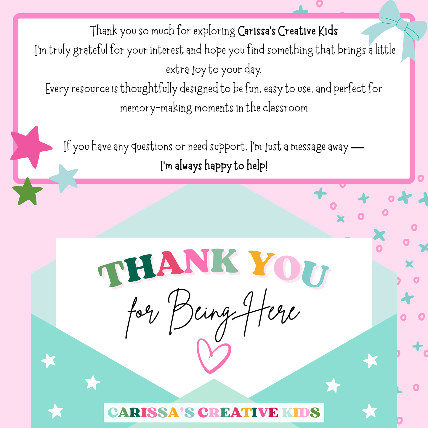 Thank you card from Carissa’s Creative Kids with a sweet message for educators and families. Pastel design with envelope, stars, and heart. Perfect for closing a digital download with warmth and appreciation.
