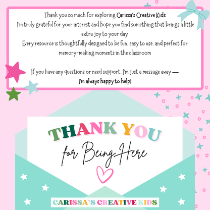 Thank you message from Birch & Berry Paper Co. expressing gratitude for exploring the Christmas Charades game. Features pastel envelope with stars, heart, and soft pink and teal background. Designed to connect warmly with buyers and highlight thoughtful customer support.
