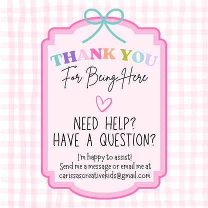 Thank you and customer support page for Carissa’s Creative Kids Confetti Rainbow printable calendar, inviting buyers to message with questions and providing contact email for help.